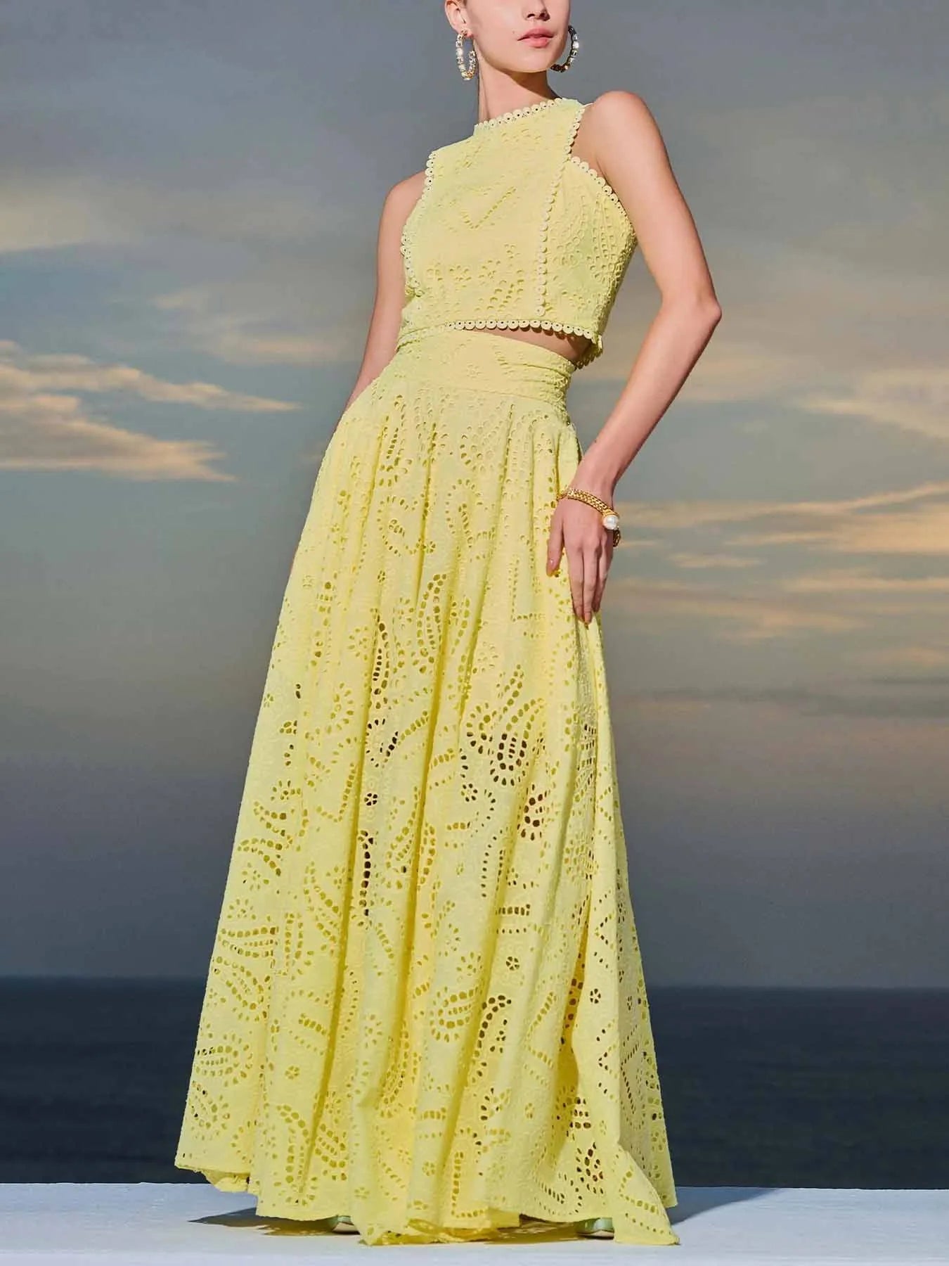 Exquisite Sleeveless Embroidered Hollow Lace Top & skirt