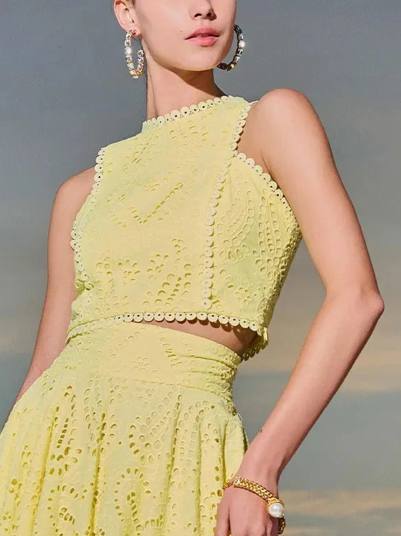 Exquisite Sleeveless Embroidered Hollow Lace Top & skirt