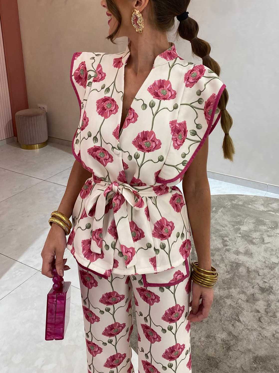 Casual Fashion Floral Print Tie-down Single-breasted Shirt