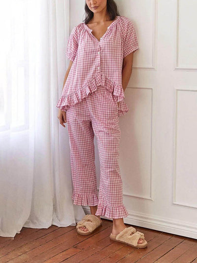 Casual Ruffled Plaid Print Shirt Pajama Set DressSoul