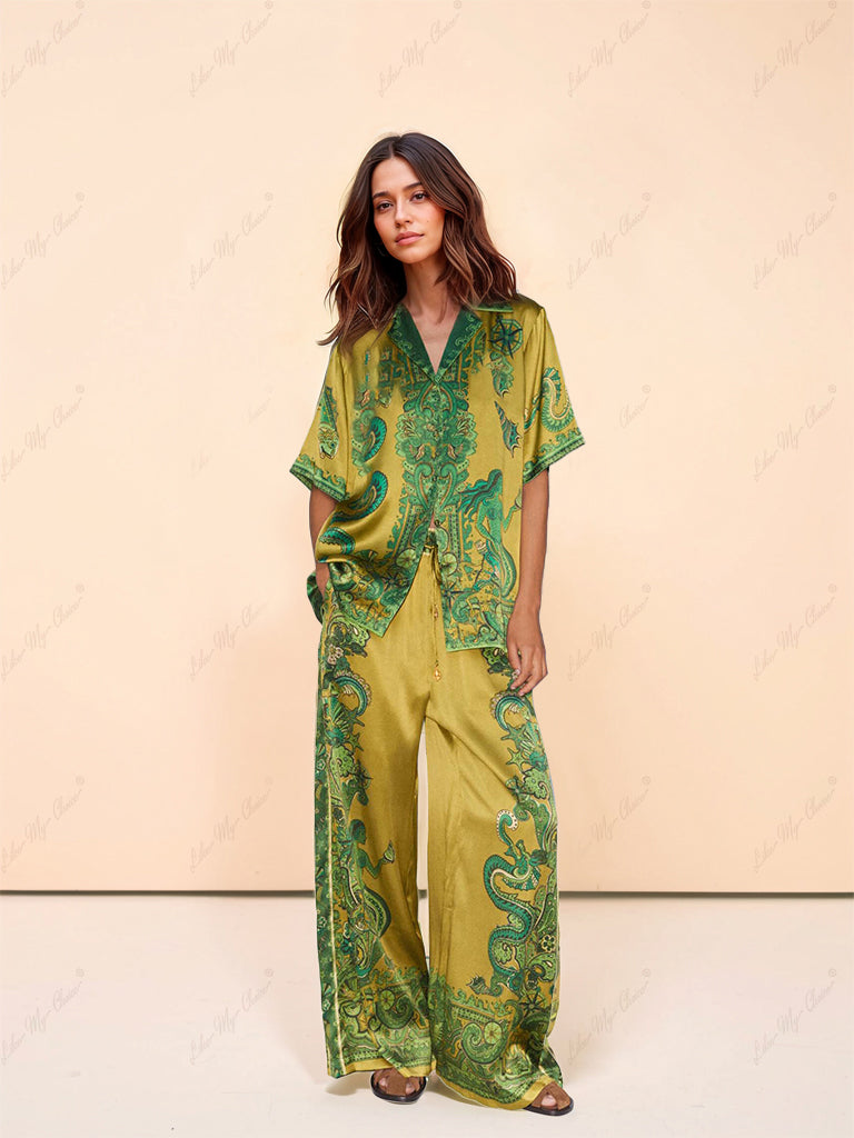 Exquisite Satin Unique Floral Print Button Down Loose Shirt