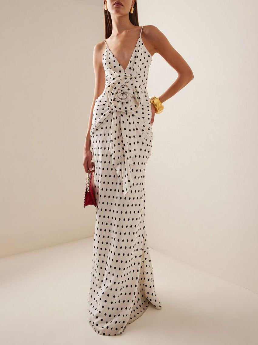 Robe longue à pois français rétro élégante à col en V