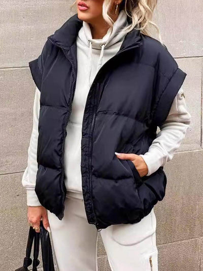 Fashionable Stand-up Collar Commuter Zipper Pocket Cotton Vest Jacket DressSoul