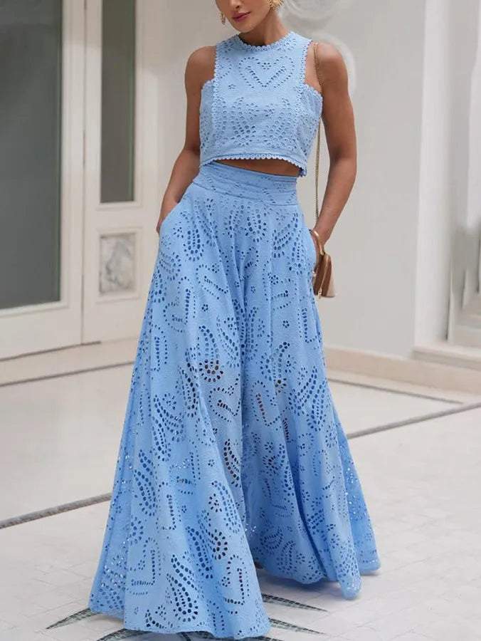 Exquisite Sleeveless Embroidered Hollow Lace Top & skirt
