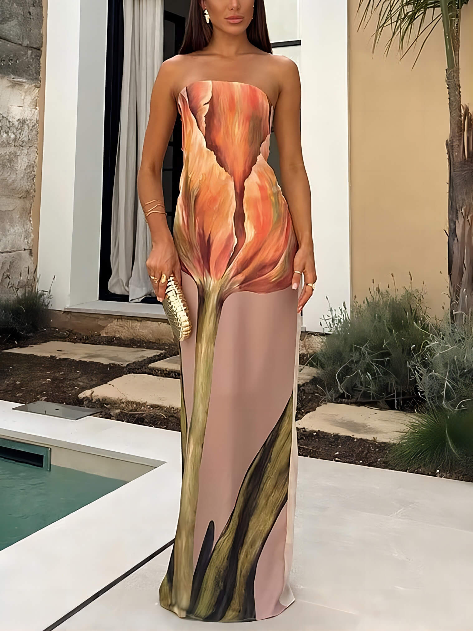 Robe longue élégante à épaules dénudées et sans manches, imprimé graffiti