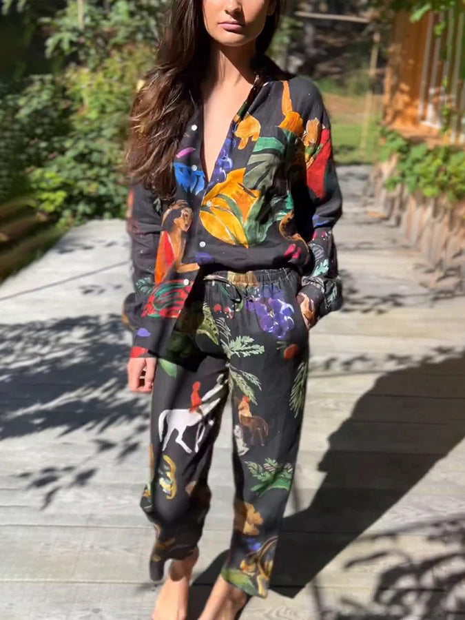 Unique Art Painted Floral Print Wide Leg Pants