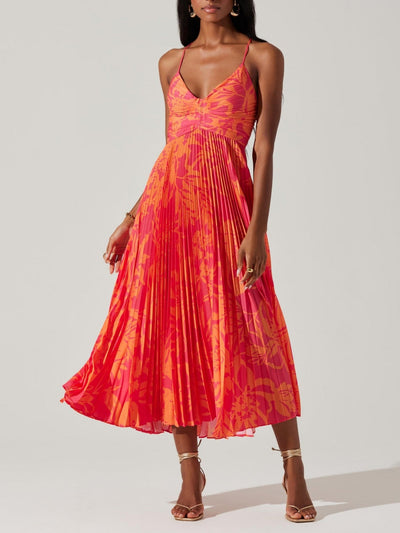 Elegant Floral Print Pleats Midi Dress DressSoul