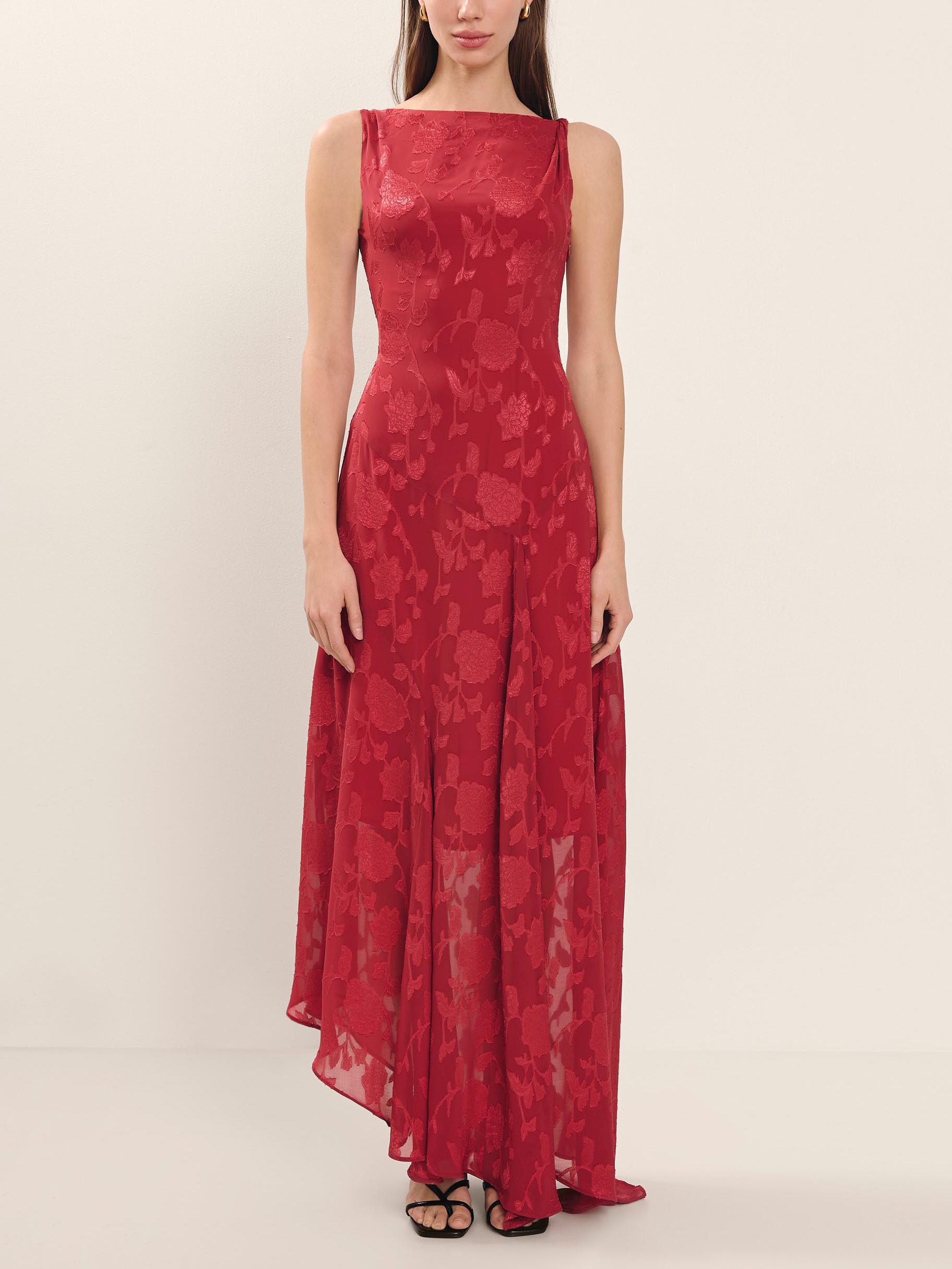 Exquisite Floral Jacquard Irregular Hem Maxi Dress