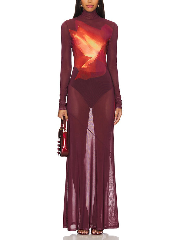 Robe longue transparente en maille à imprimé floral abstrait unique