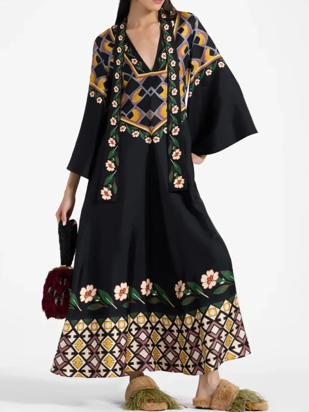 Robe ample élégante à col en V et imprimé boutons de fleurs