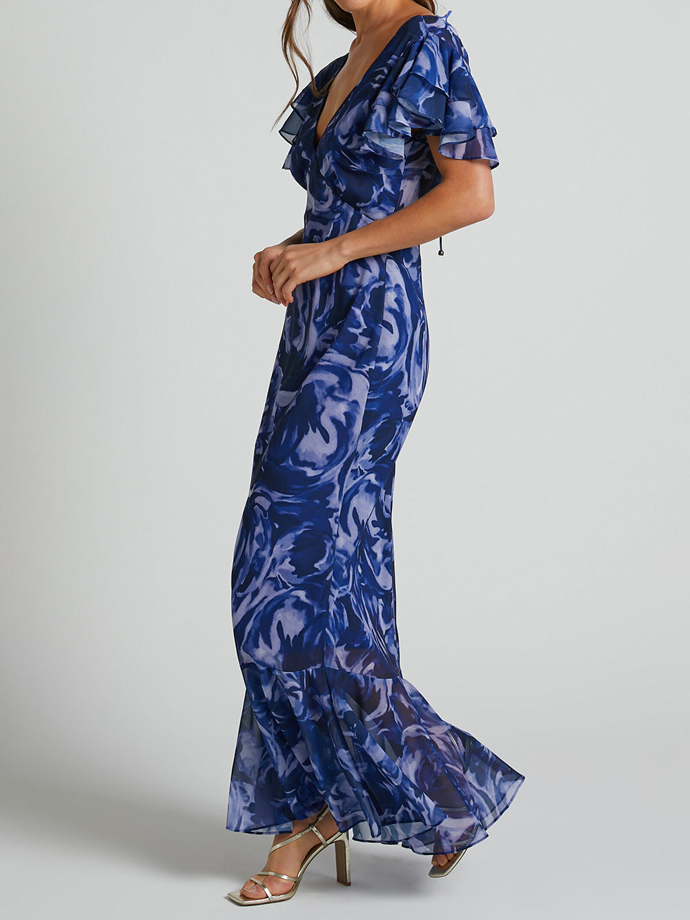 Robe longue à col en V et manches flottantes, motif tourbillon bleu marine