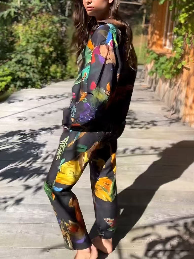 Unique Art Painted Floral Print Wide Leg Pants