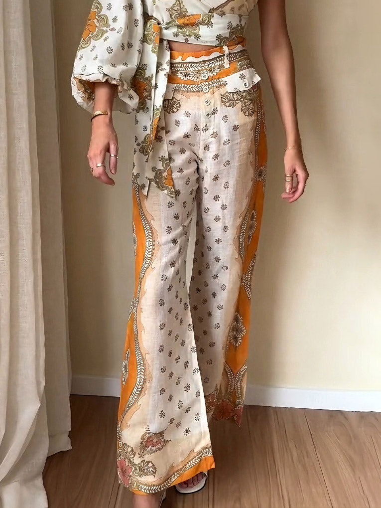 Exquisite Ethnic Style Floral Print Flared Pants