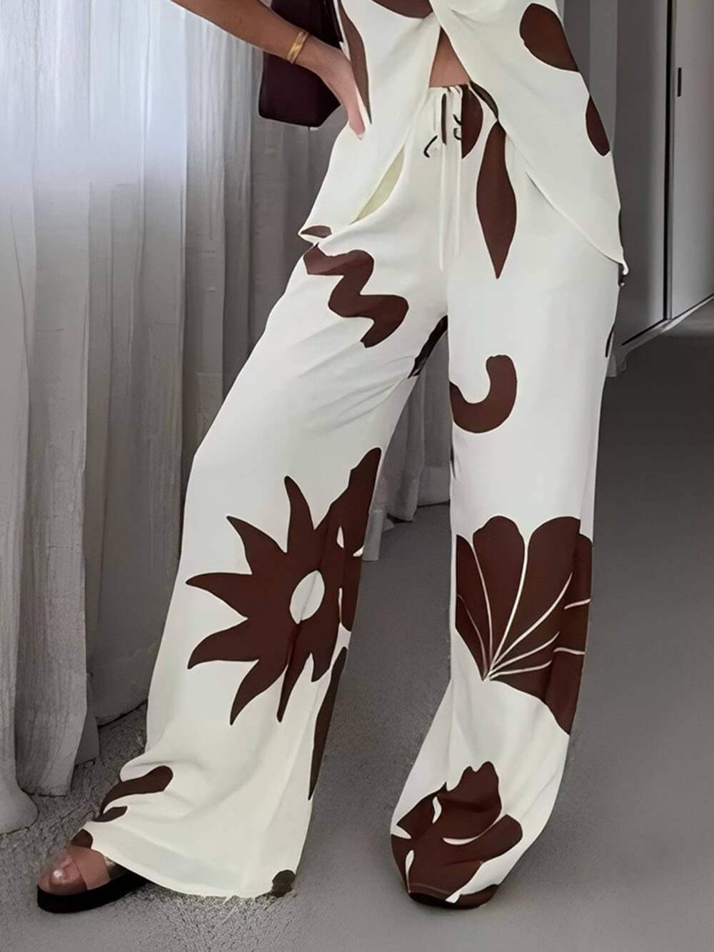 Elegant Unique Print Drawstring Loose Waist Pocket Straight Pants