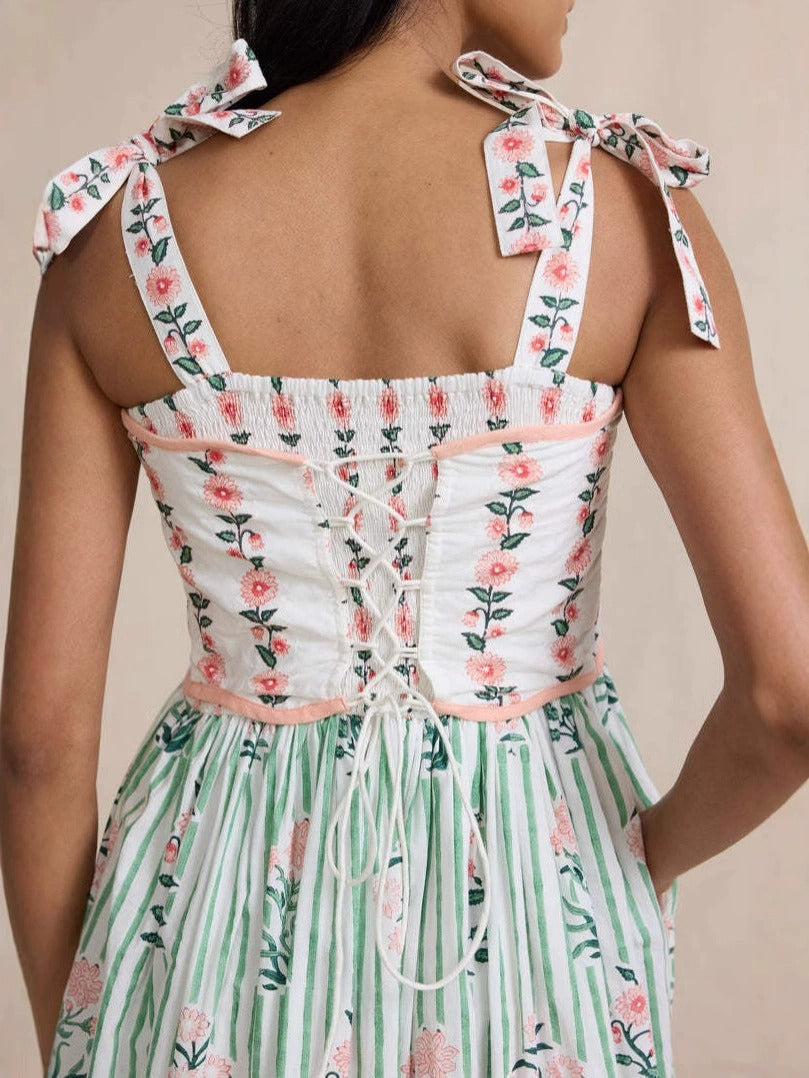 Bohemian Floral  Tie-Shoulder & Tiered Design Maxi Dress