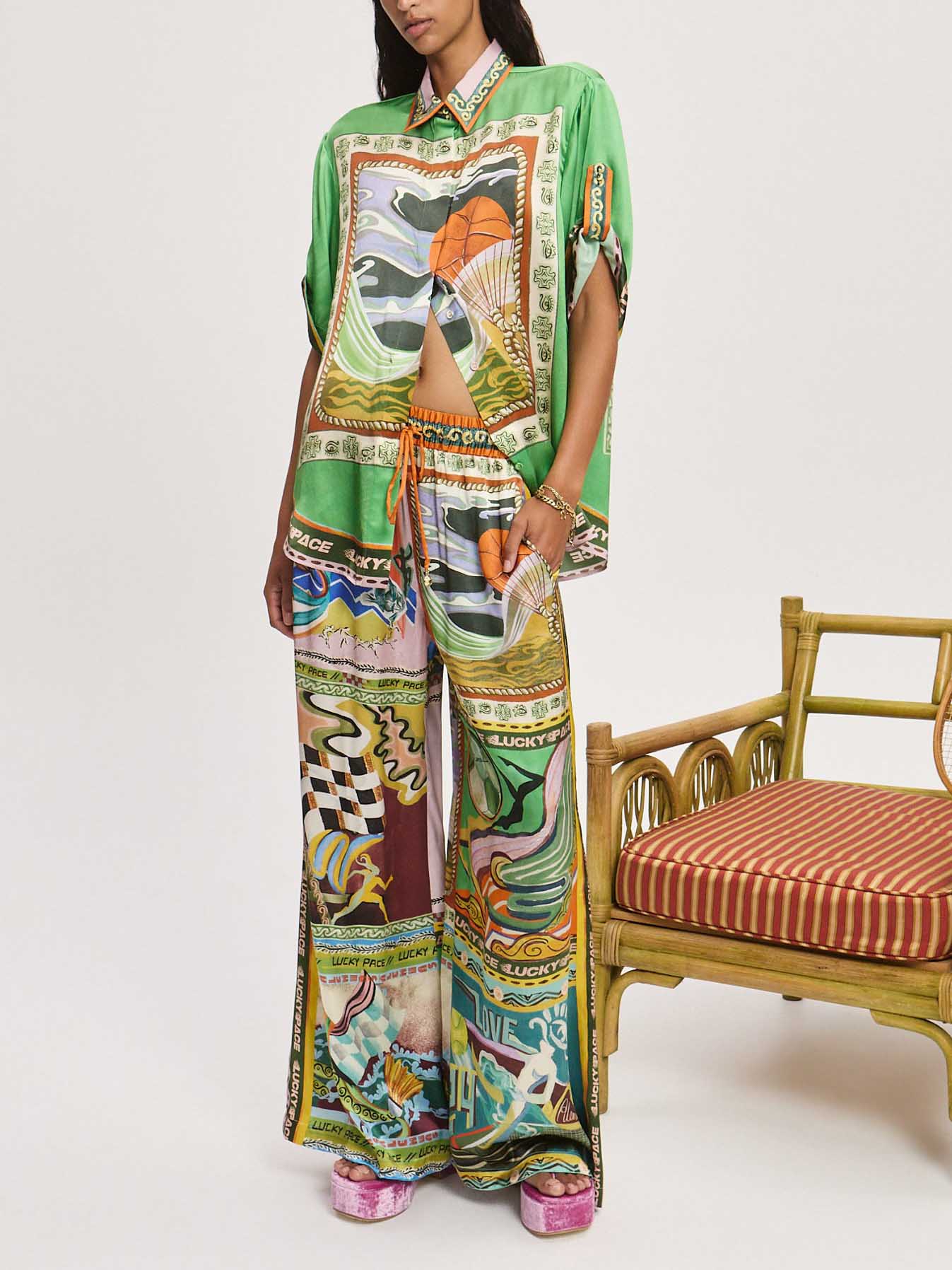 Unique Satin Painted Art Print Elastic Waist Wide Leg Pants