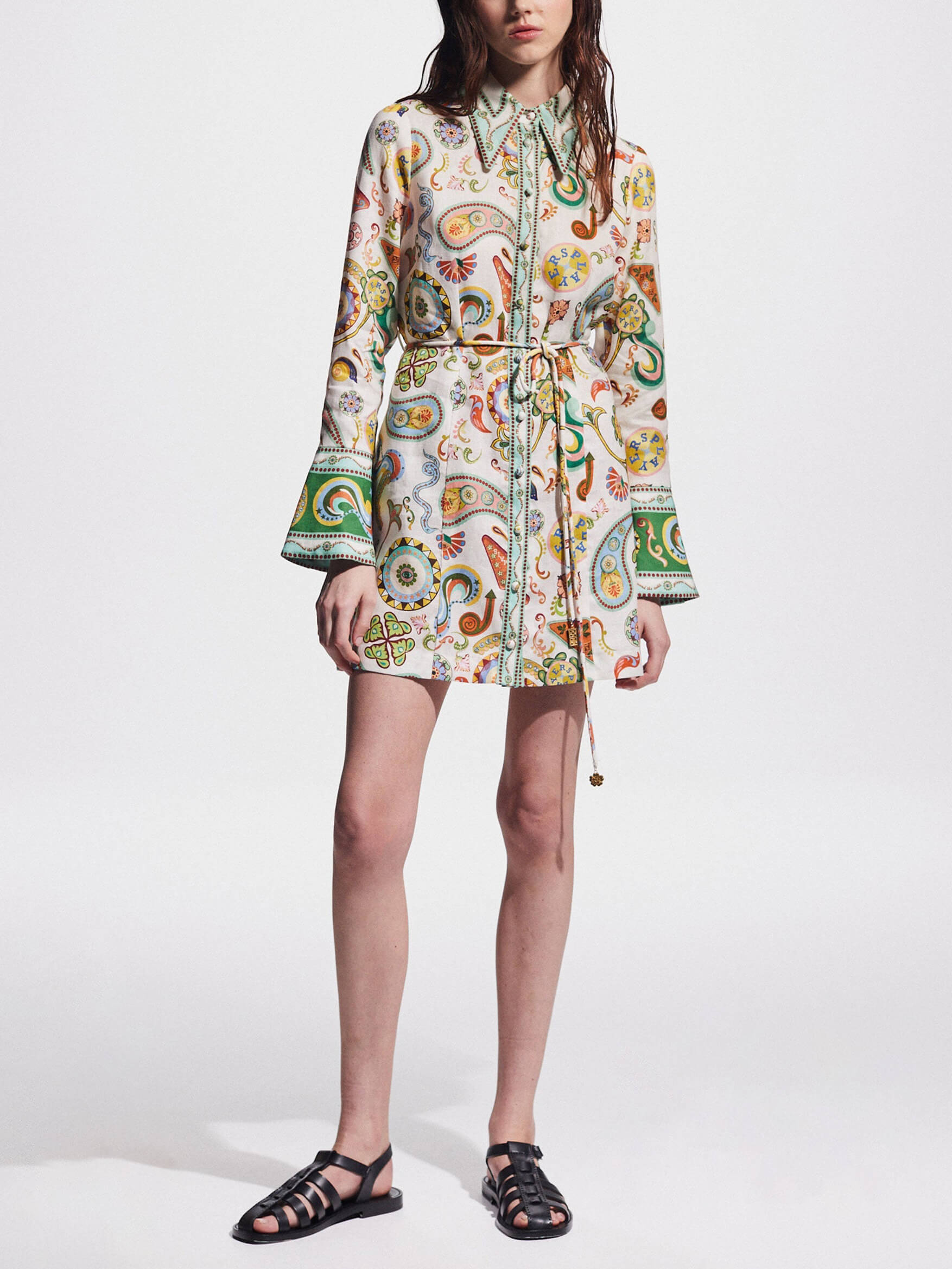 Mini-robe imprimée à manches trompette, exquise et tendance