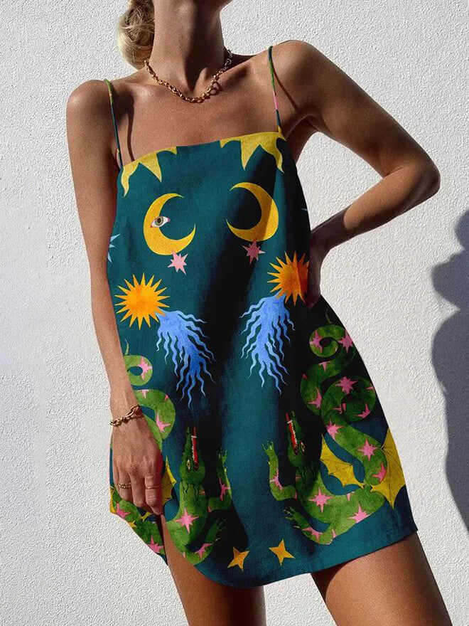 Robe mini dos nu à bretelles spaghetti imprimée unique