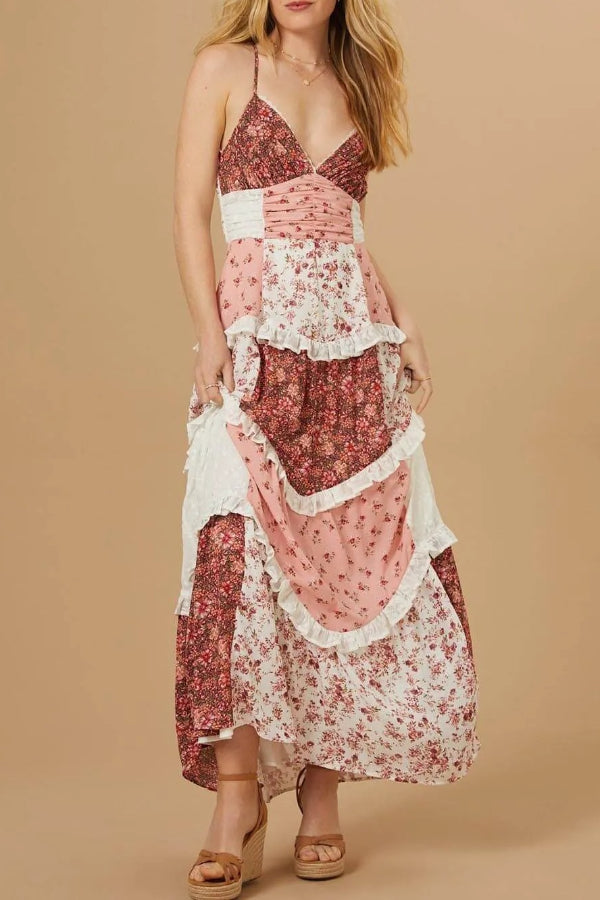 Elegant Patchwork Floral Print Maxi Dress