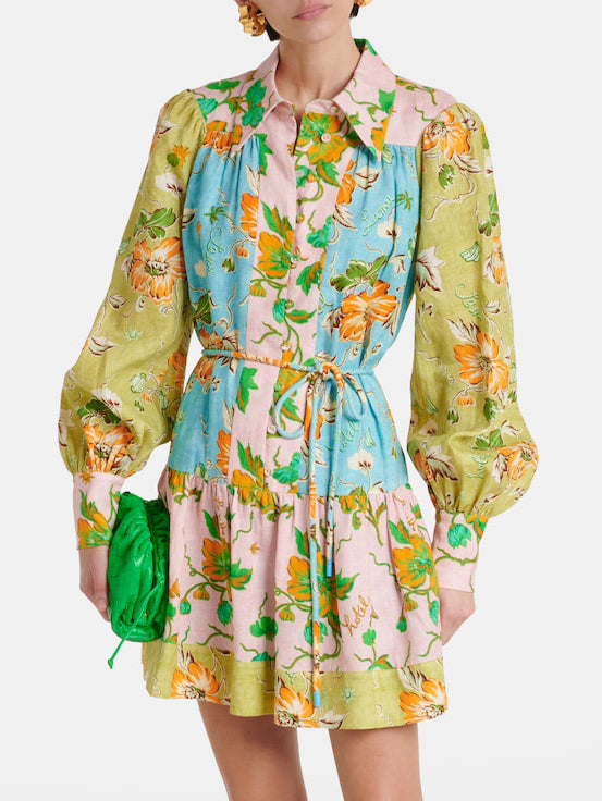 Mini-robe chemise à imprimé patchwork floral multicolore exquis