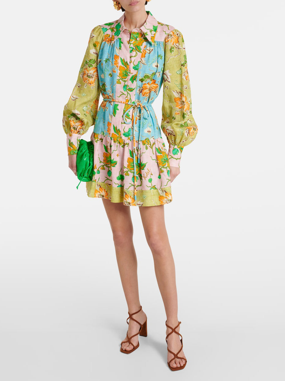 Mini-robe chemise à imprimé patchwork floral multicolore exquis