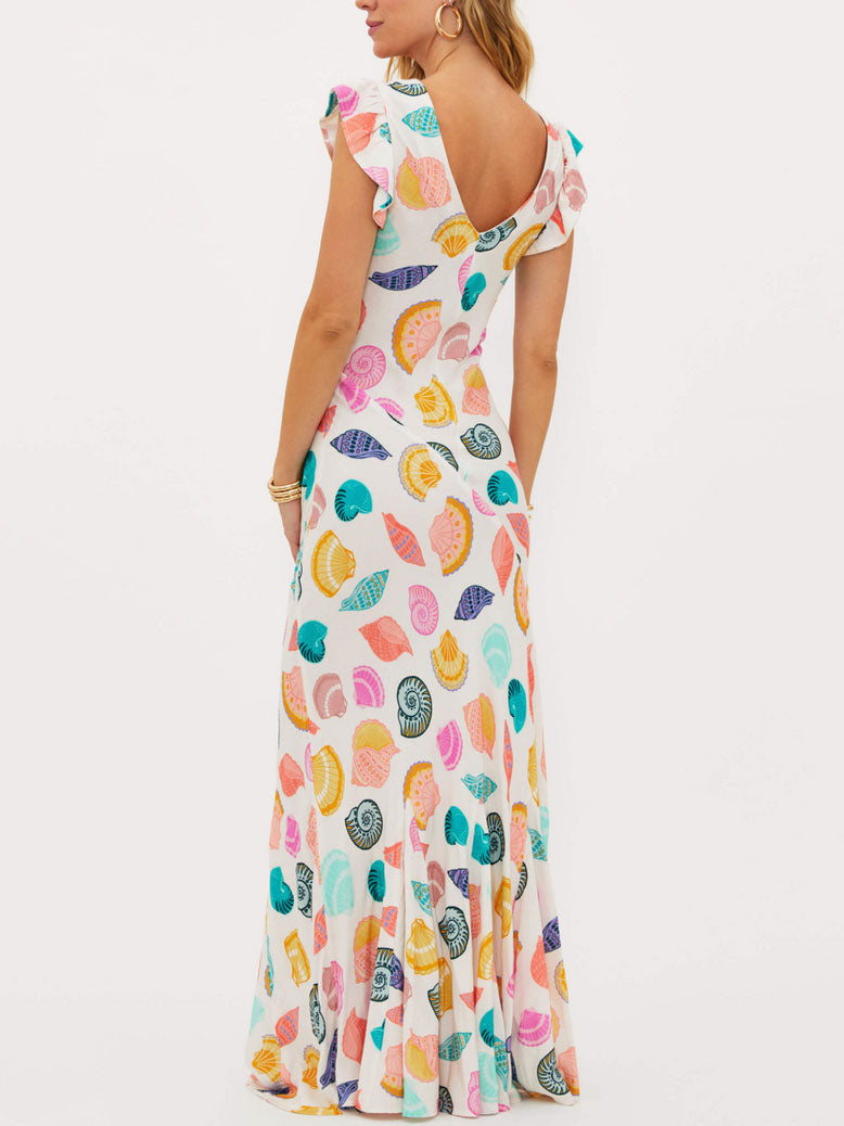 Robe longue à col en V et imprimé coquillages