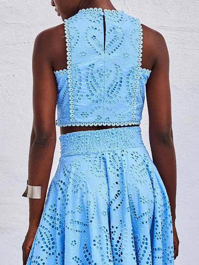 Exquisite Sleeveless Embroidered Hollow Lace Top & skirt
