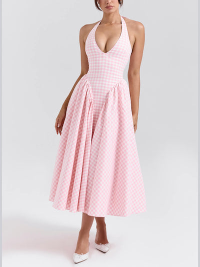Elegant Retro Deep V Neck Plaid Midi Dress DressSoul