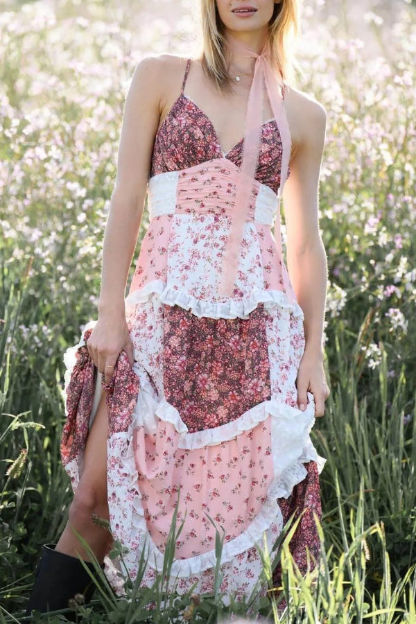 Elegant Patchwork Floral Print Maxi Dress