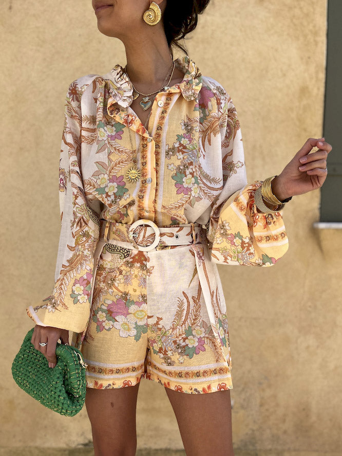Elegant Vintage Floral Print Shorts Two-Piece Set