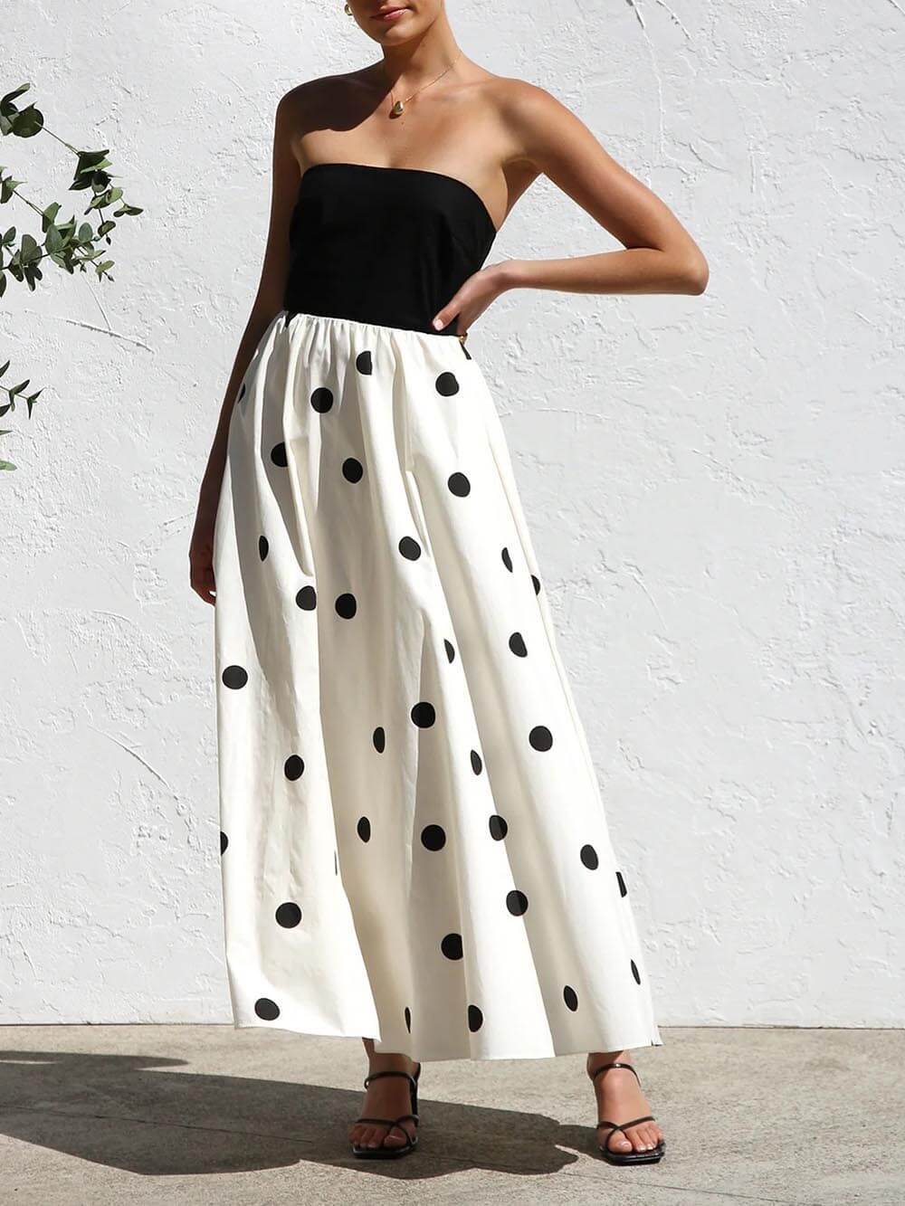 Robe longue trapèze élégante à imprimé pois et enveloppante