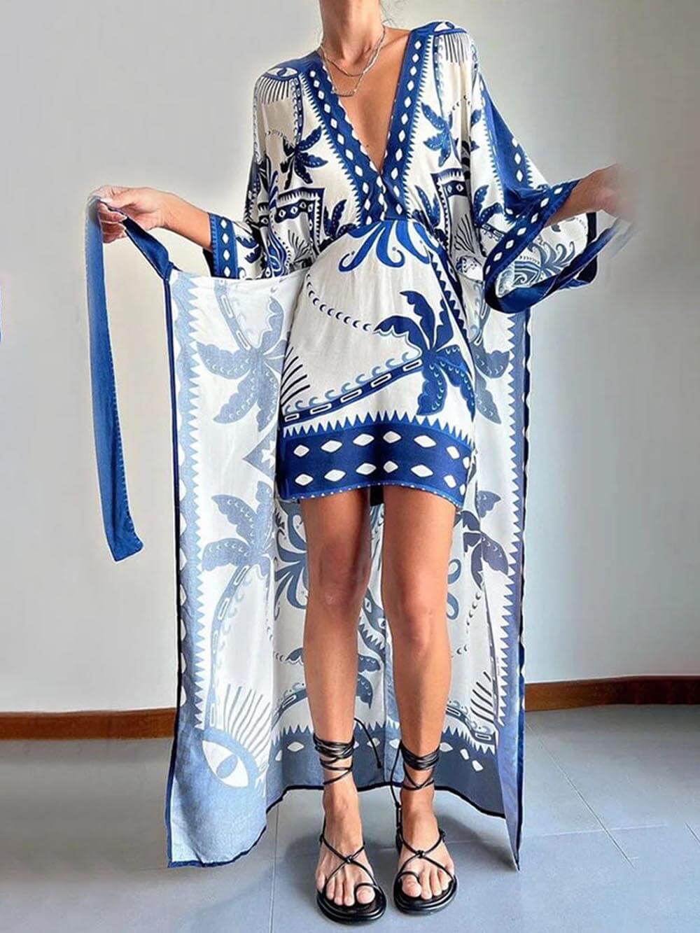 Robe longue à lacets en deux pièces, unique et chic, avec imprimé ethnique palmier