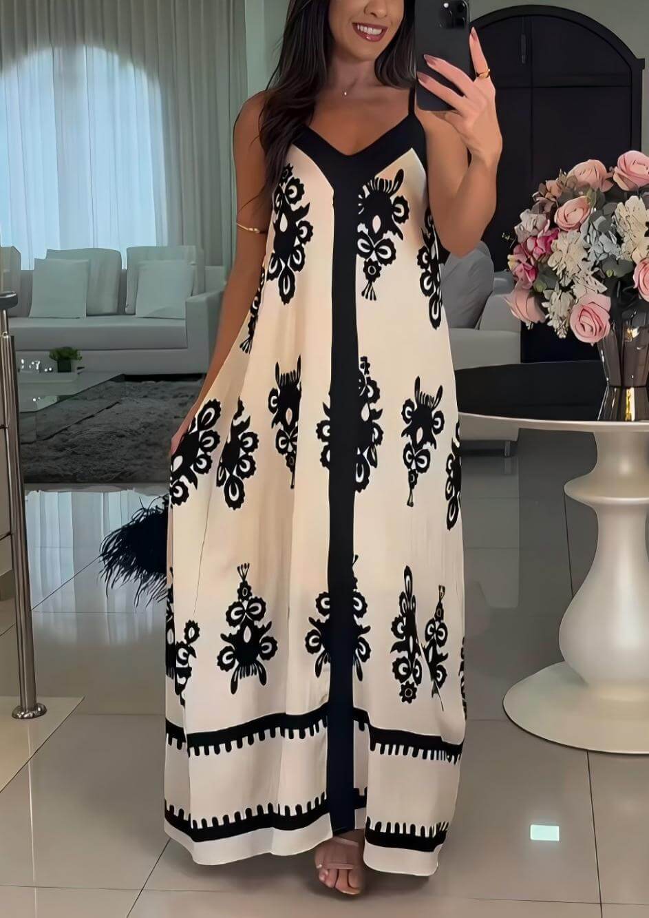 Robe longue ample élégante à imprimé ethnique et patchwork