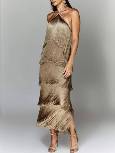 Fashionable Halter Neck Tassel Backless Slit Party Dress DressSoul