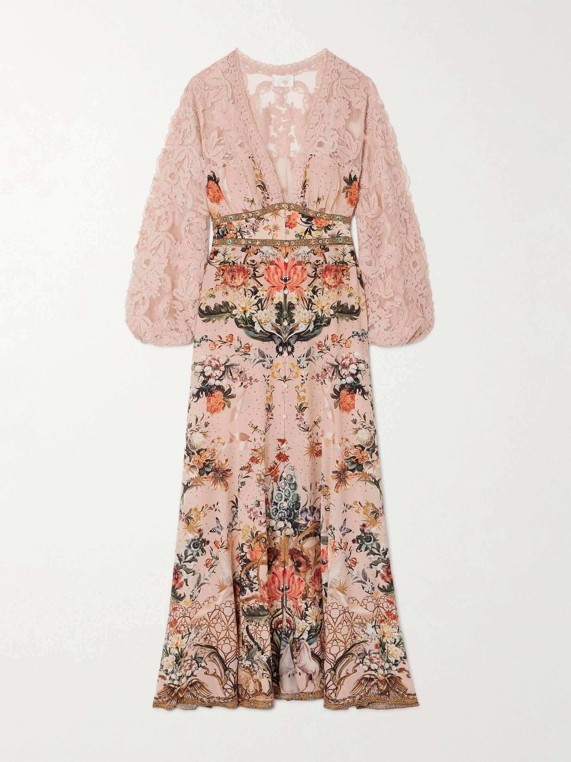 Robe longue élégante imprimée à empiècements en dentelle