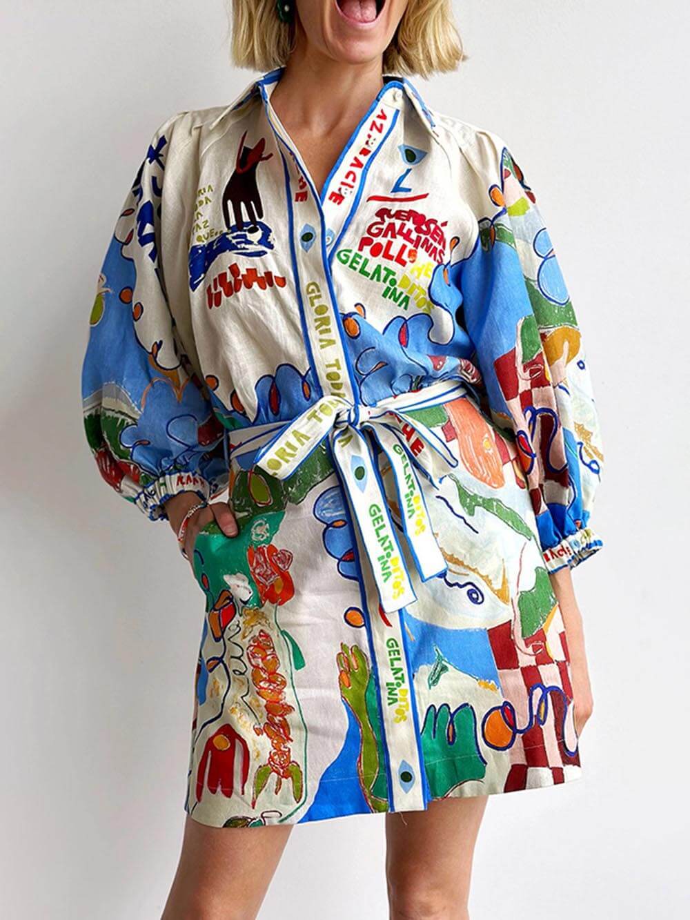 Robe courte à lacets et cardigan en lin imprimé unique