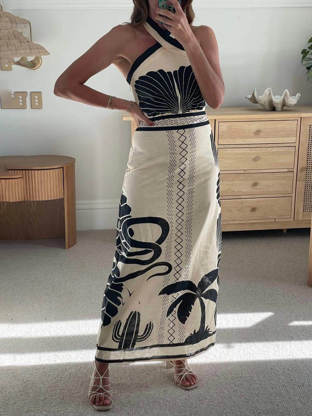 Robe longue moulante à imprimé ethnique, élégante et sexy, à col licou