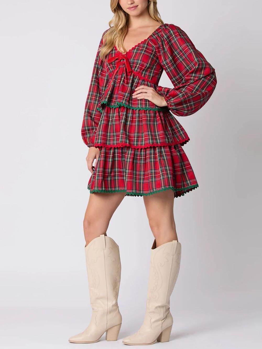 Robe superposée à manches longues et carreaux de Noël
