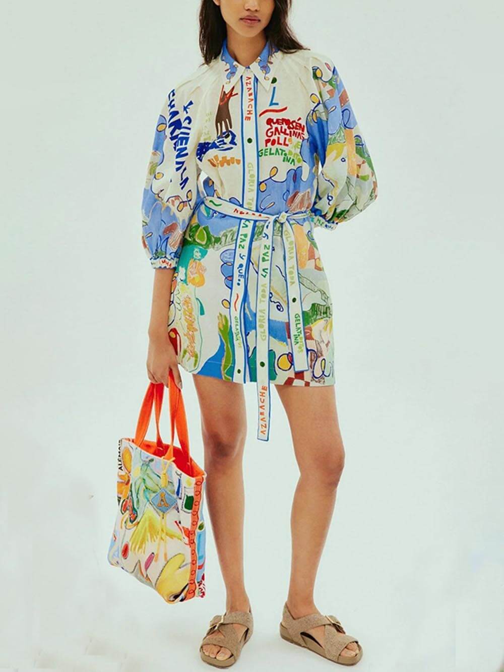 Robe courte à lacets et cardigan en lin imprimé unique