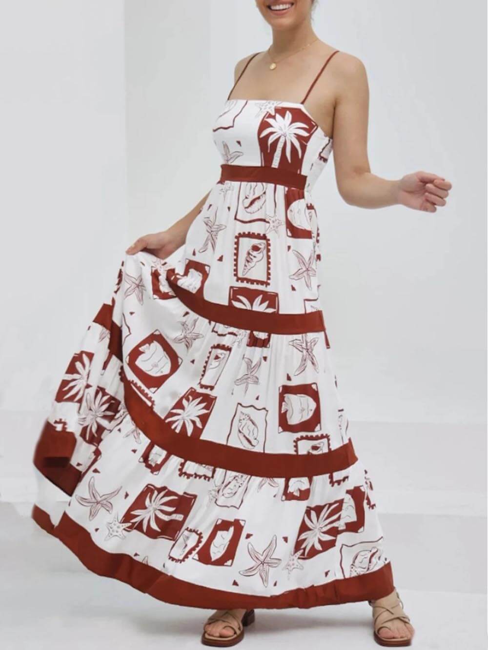 Robe longue élégante à volants et imprimé floral