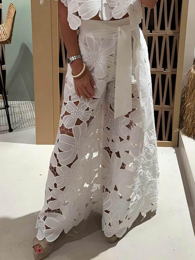 Exquisite Floral Embroidered Hollow Lace Wide-Leg Pants DressSoul