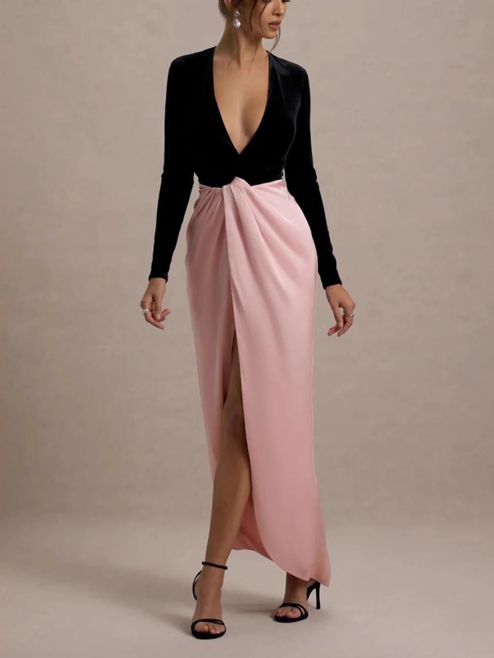 Robe longue taille haute à col en V, tendance et sexy, couleur assortie