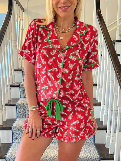 Christmas Candy Cane Print Pocket Ruffle Pajama Set DressSoul