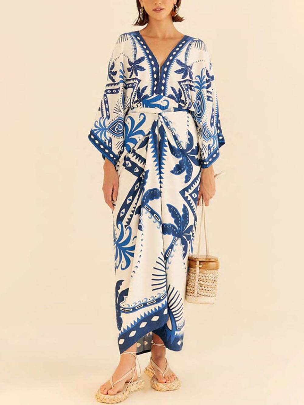 Robe longue à lacets en deux pièces, unique et chic, avec imprimé ethnique palmier