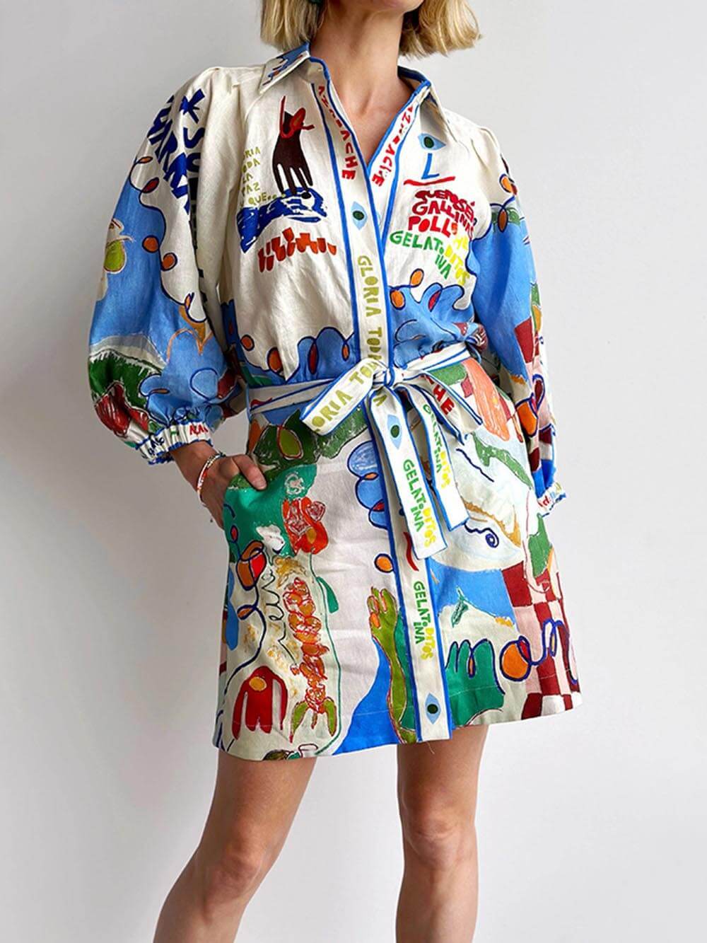 Robe courte à lacets et cardigan en lin imprimé unique