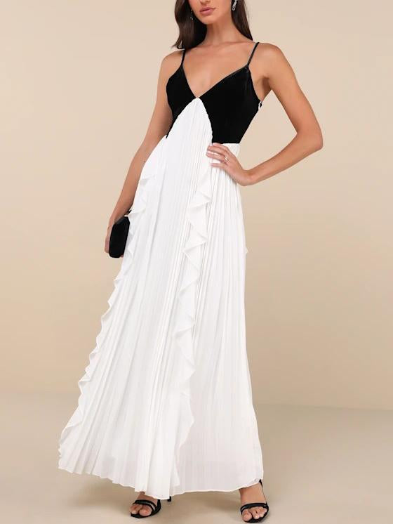 Robe longue plissée noire et blanche élégante à col en V
