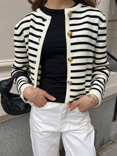 Vintage Striped Crew Neck Knitted Cardigan Jacket DressSoul