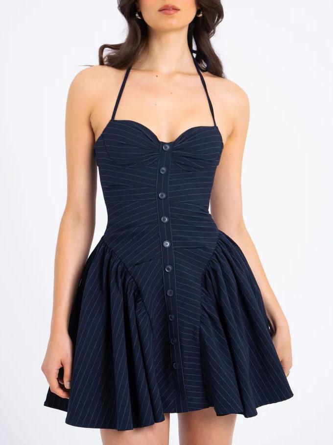 Mini-robe à rayures fines et col licou taille basse