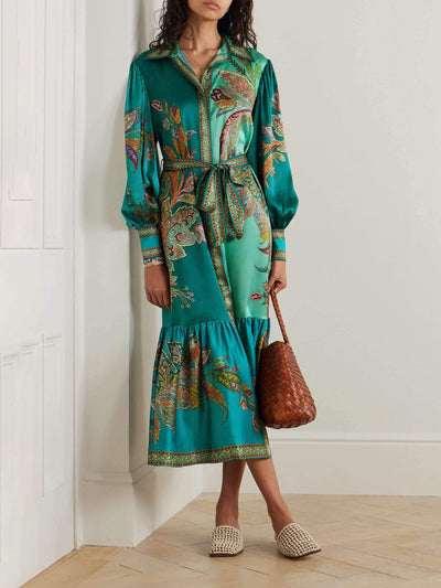 Delicate Satin Floral Print Single Breasted Midi Dress DressSoul