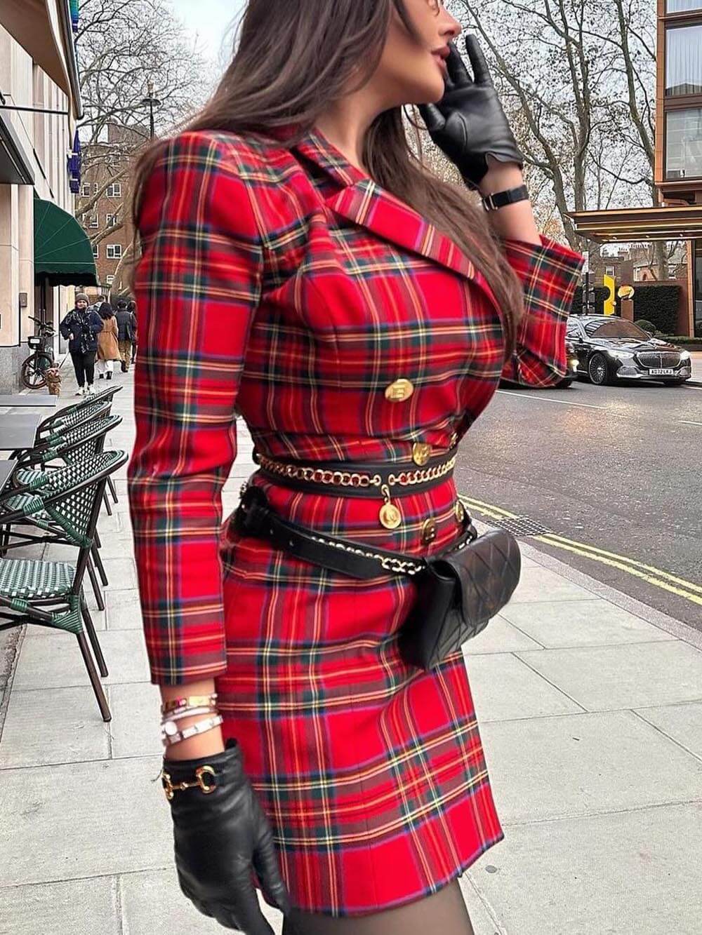 Robe blazer courte élégante à imprimé écossais de Noël avec boutons métalliques contrastants